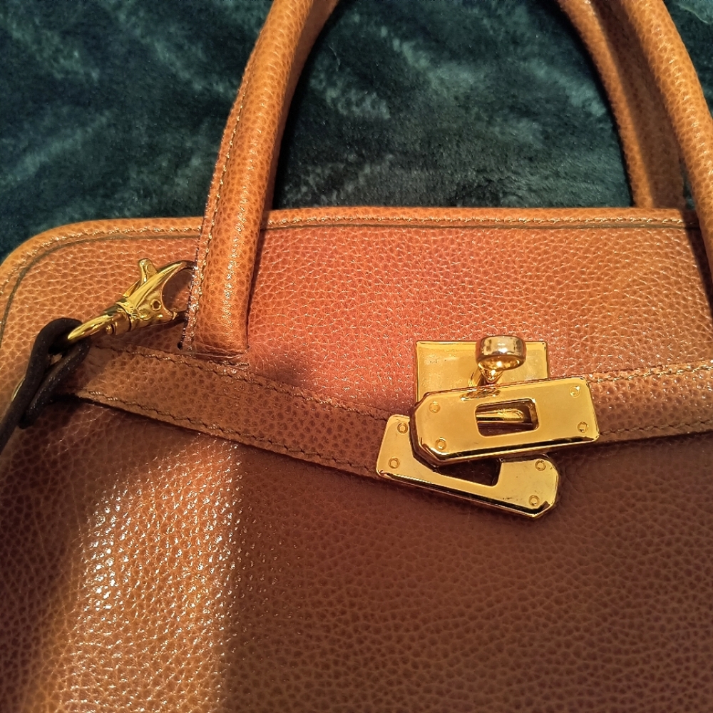 Tan Leather Satchel with Gold-Tone Hardware - Picture 2 of 8